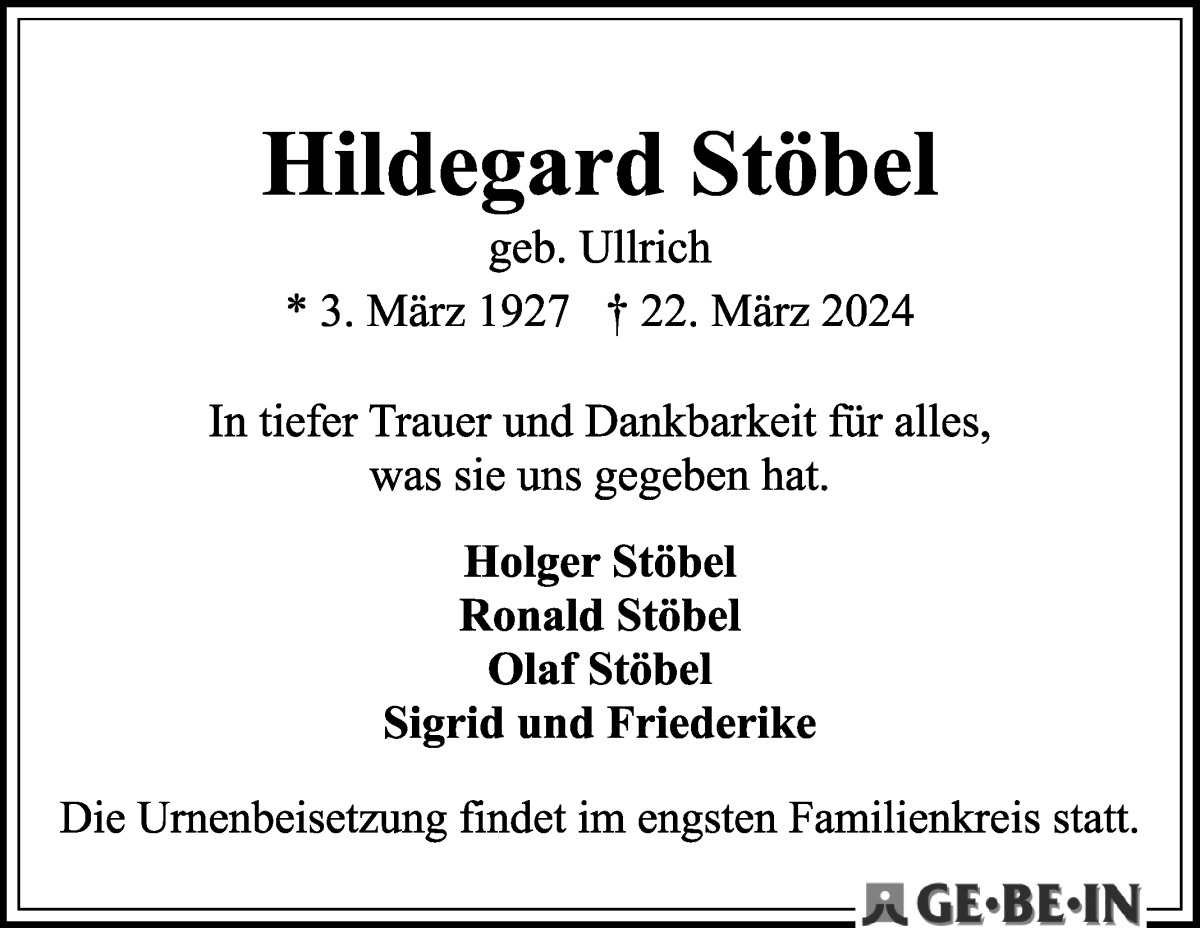 Traueranzeige von Hildegard Stöbel von WESER-KURIER