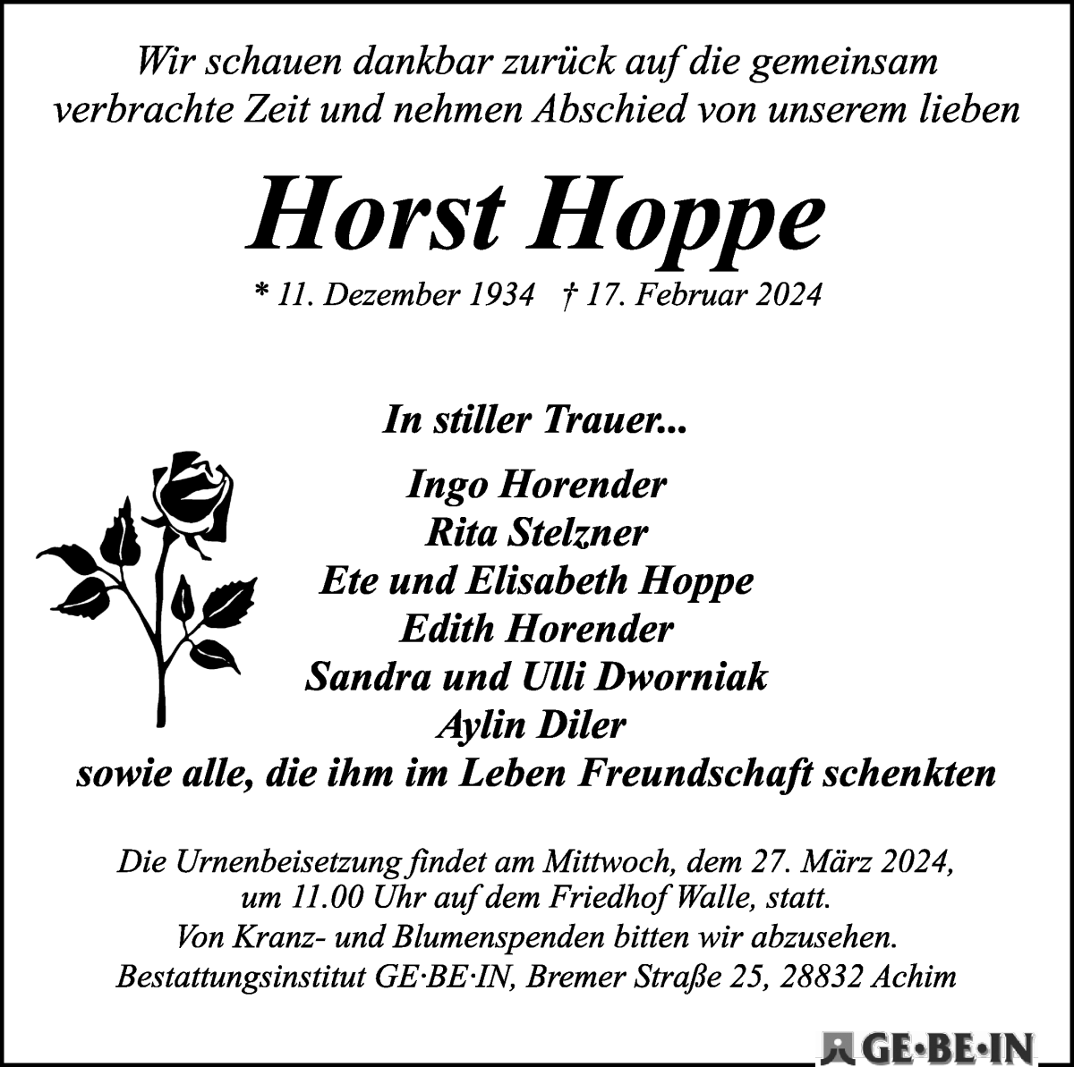 Traueranzeige von Horst Hoppe von WESER-KURIER