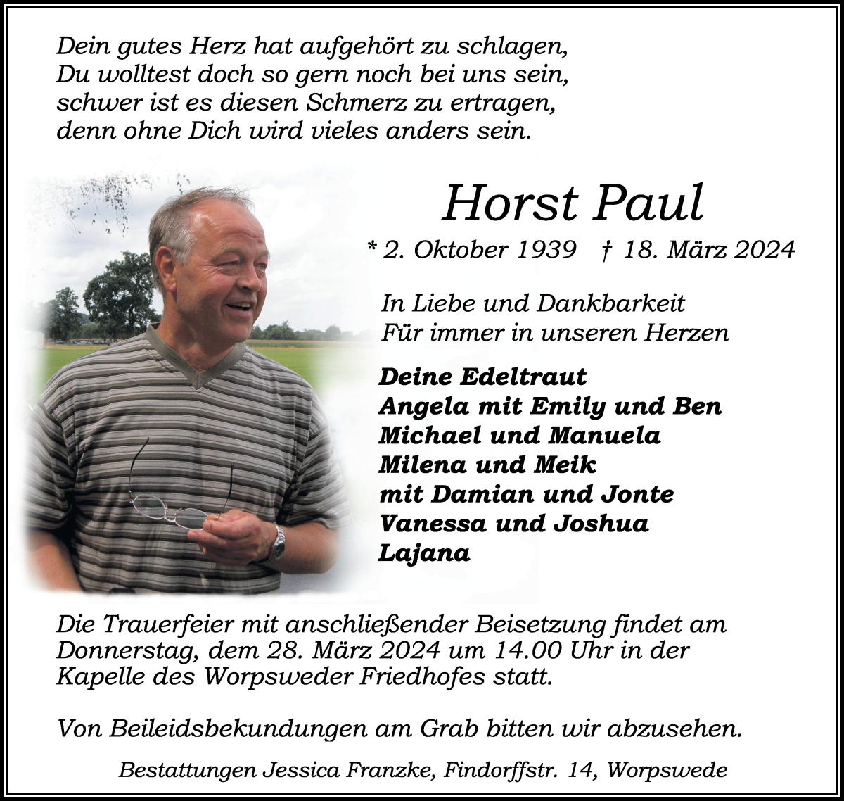 Traueranzeige von Horst Paul von Osterholzer Kreisblatt