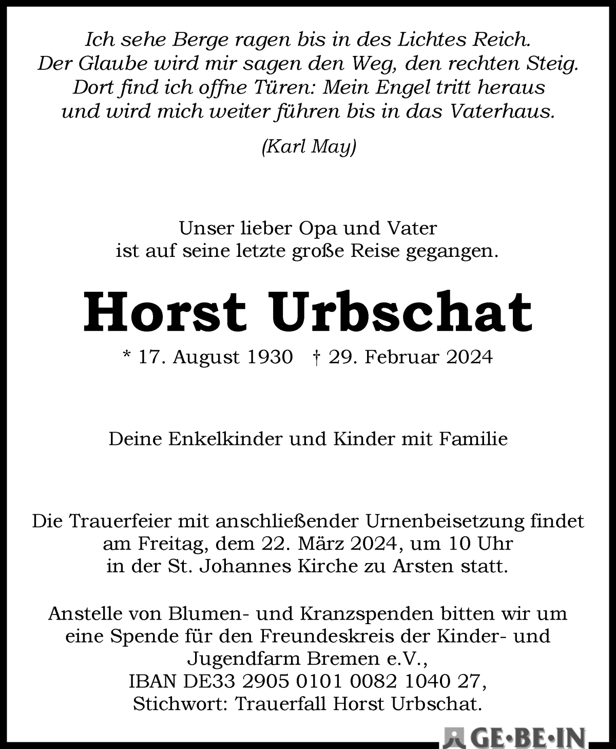 Traueranzeige von Horst Urbschat von WESER-KURIER