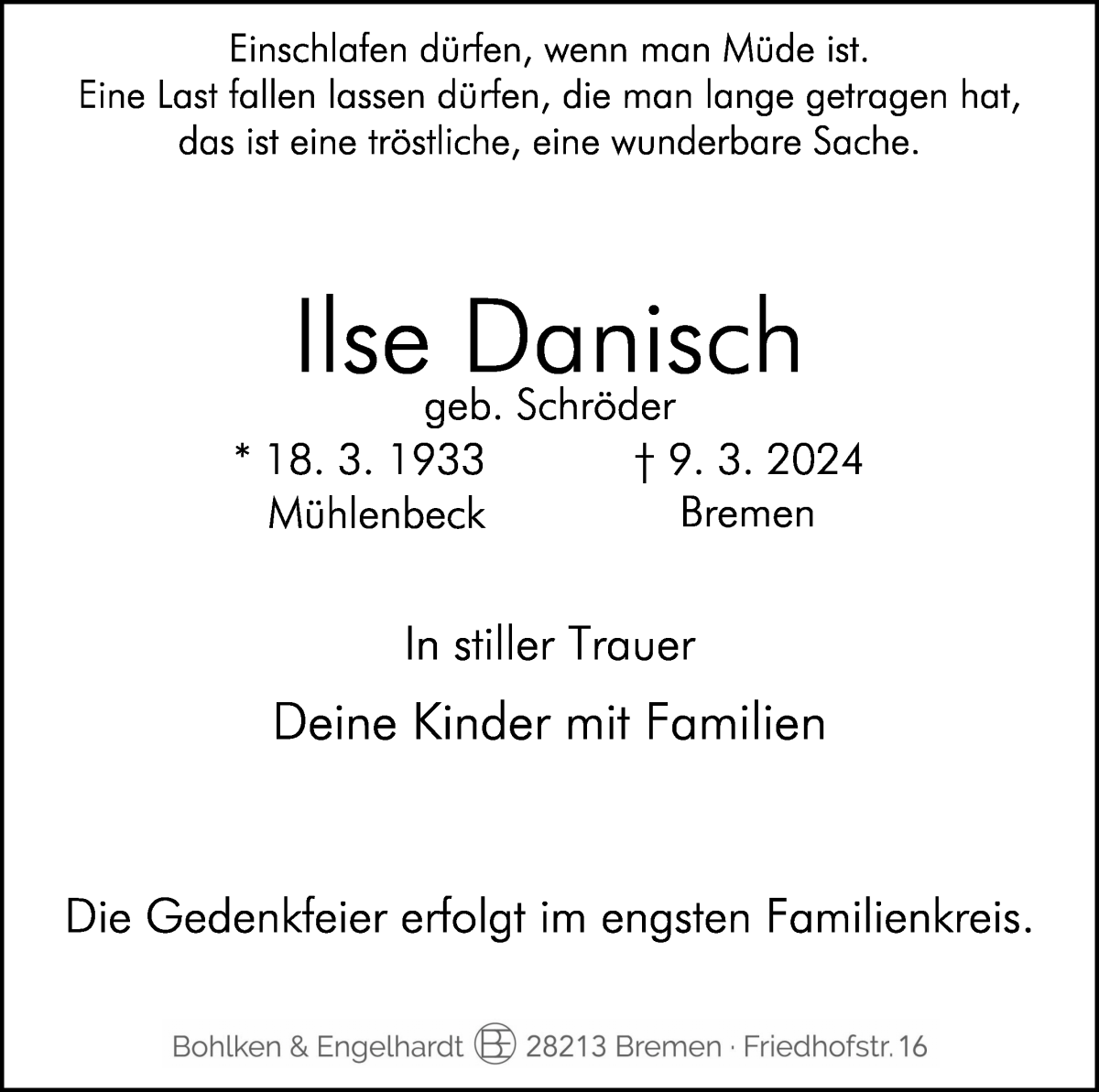 Traueranzeige von Ilse Danisch von WESER-KURIER