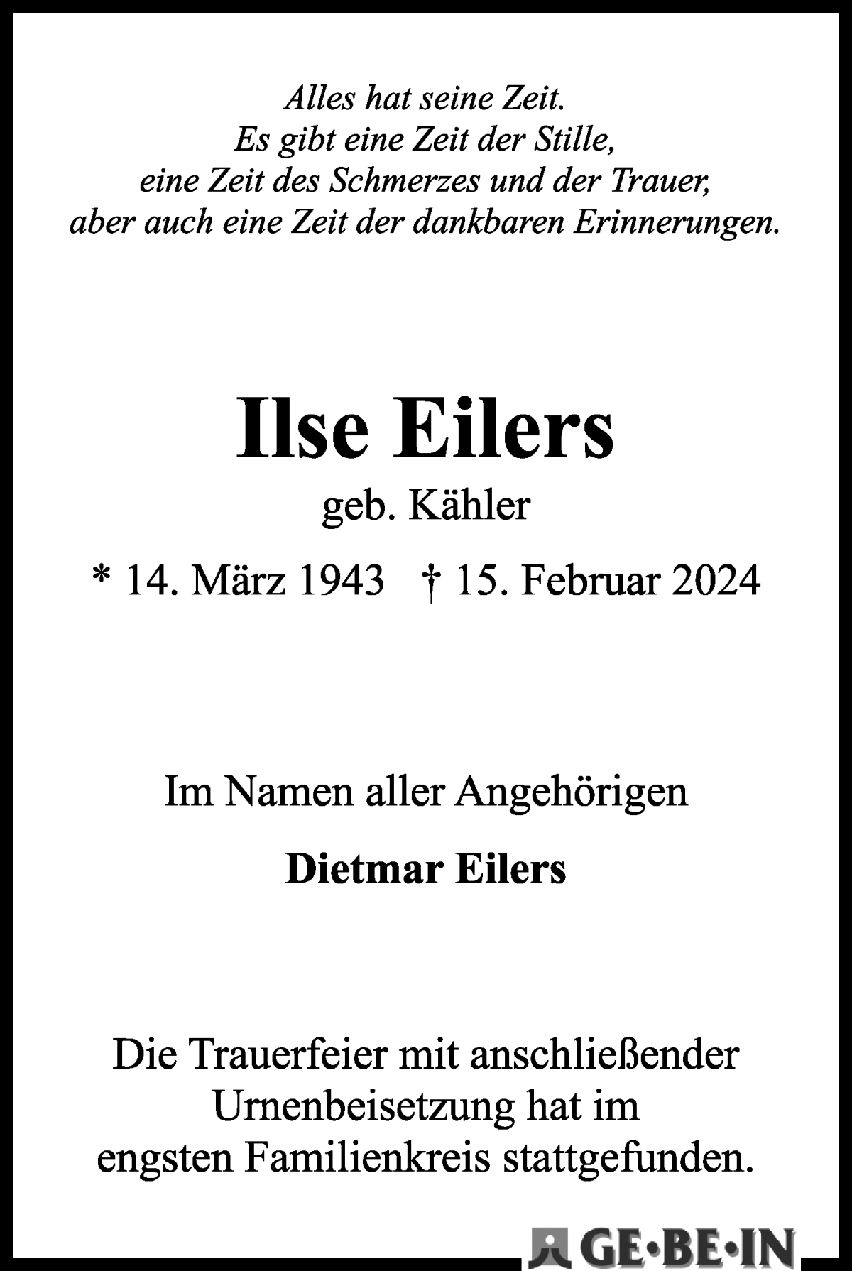 Traueranzeige von Ilse Eilers von WESER-KURIER
