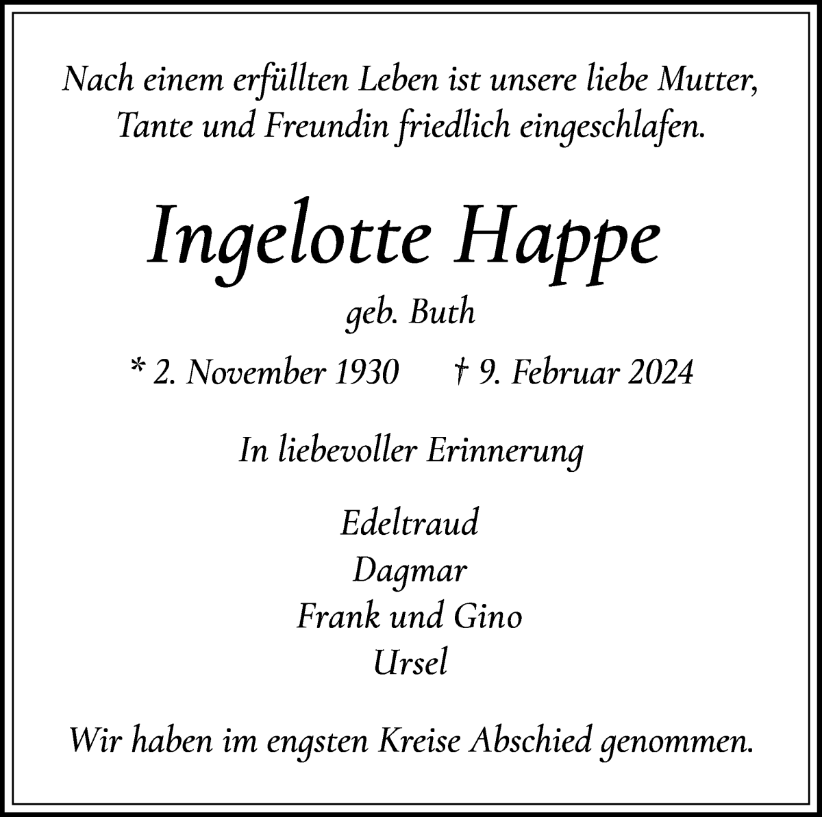 Traueranzeige von Ingelotte Happe von WESER-KURIER