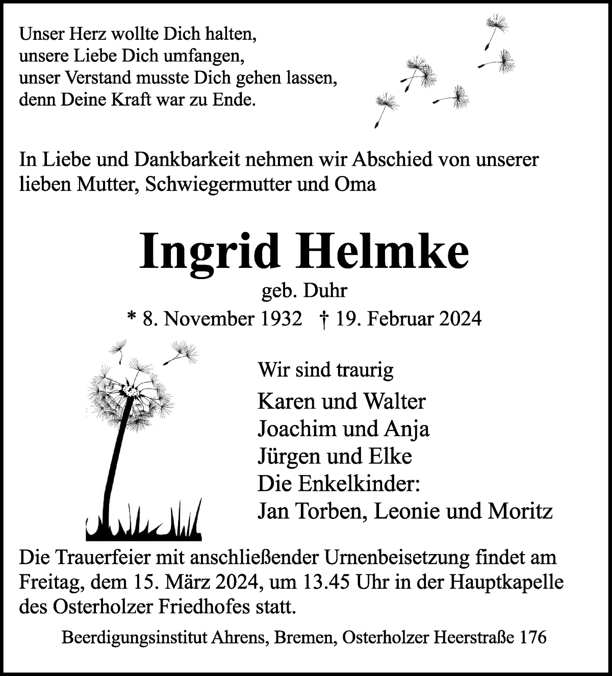 Traueranzeige von Ingrid Helmke von WESER-KURIER