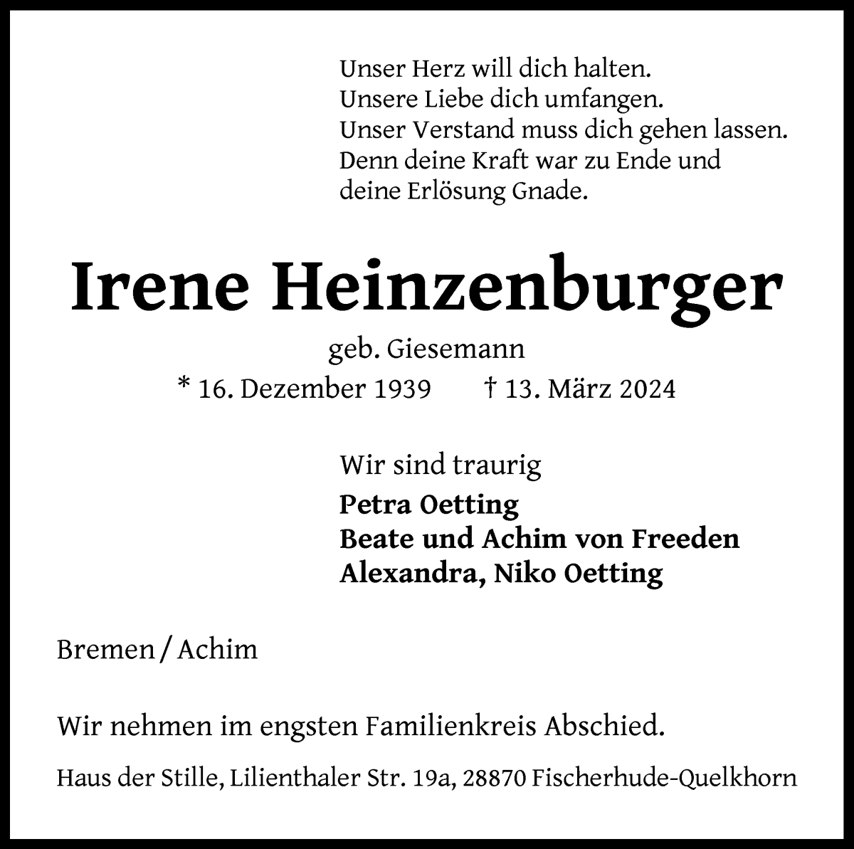 Traueranzeige von Irene Heinzenburger von WESER-KURIER