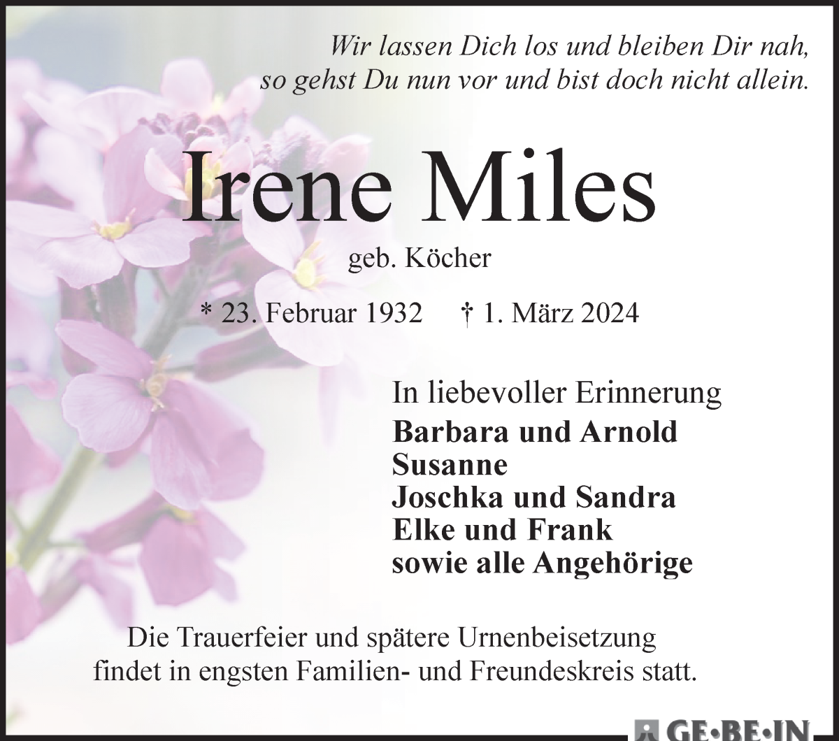  Traueranzeige für Irene Miles vom 09.03.2024 aus WESER-KURIER