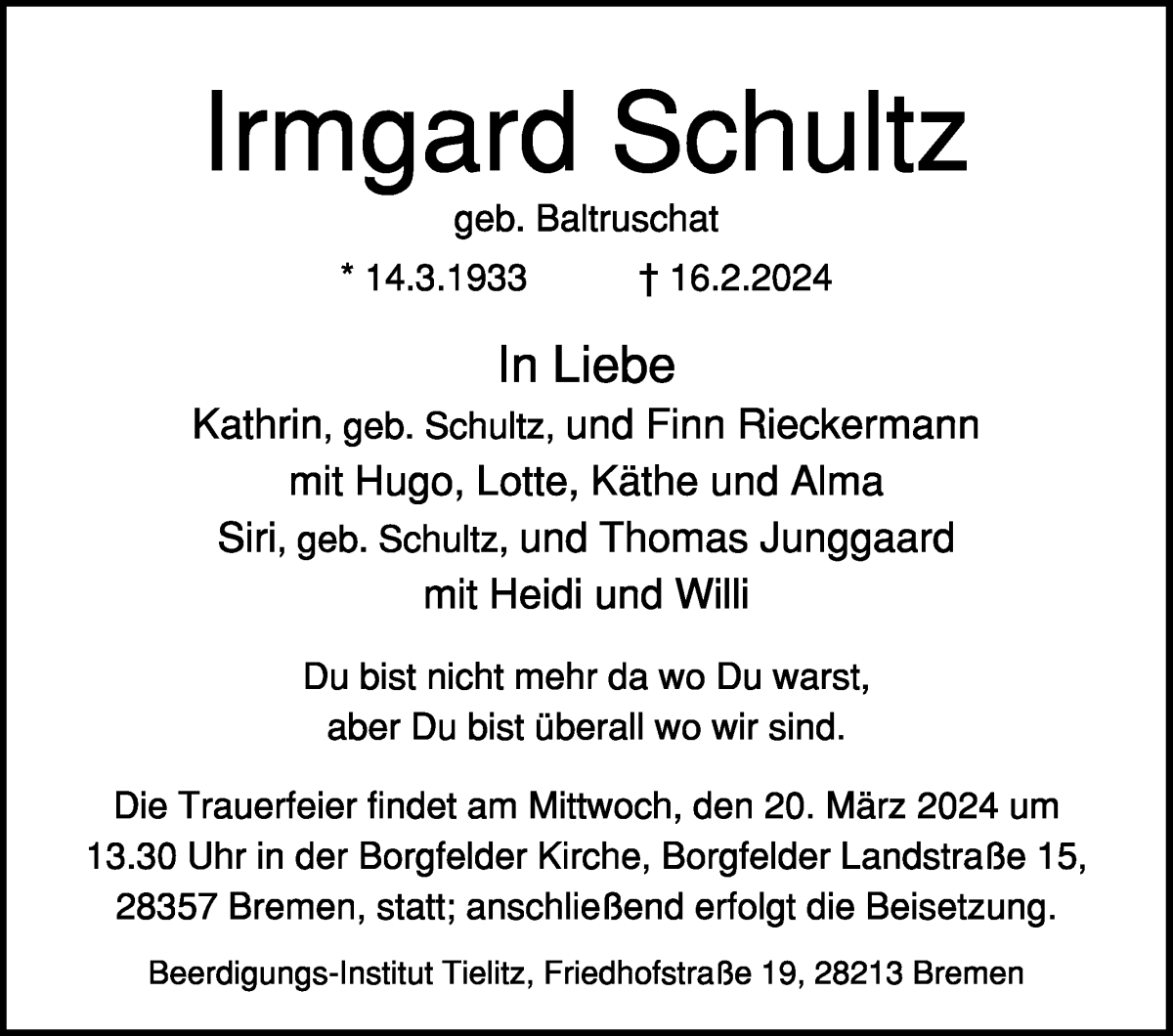  Traueranzeige für Irmgard Schultz vom 02.03.2024 aus Wuemme Zeitung