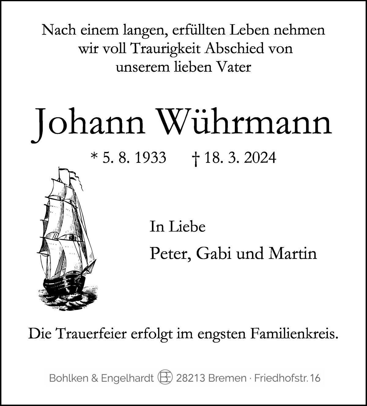 Traueranzeige von Johann Wührmann von WESER-KURIER