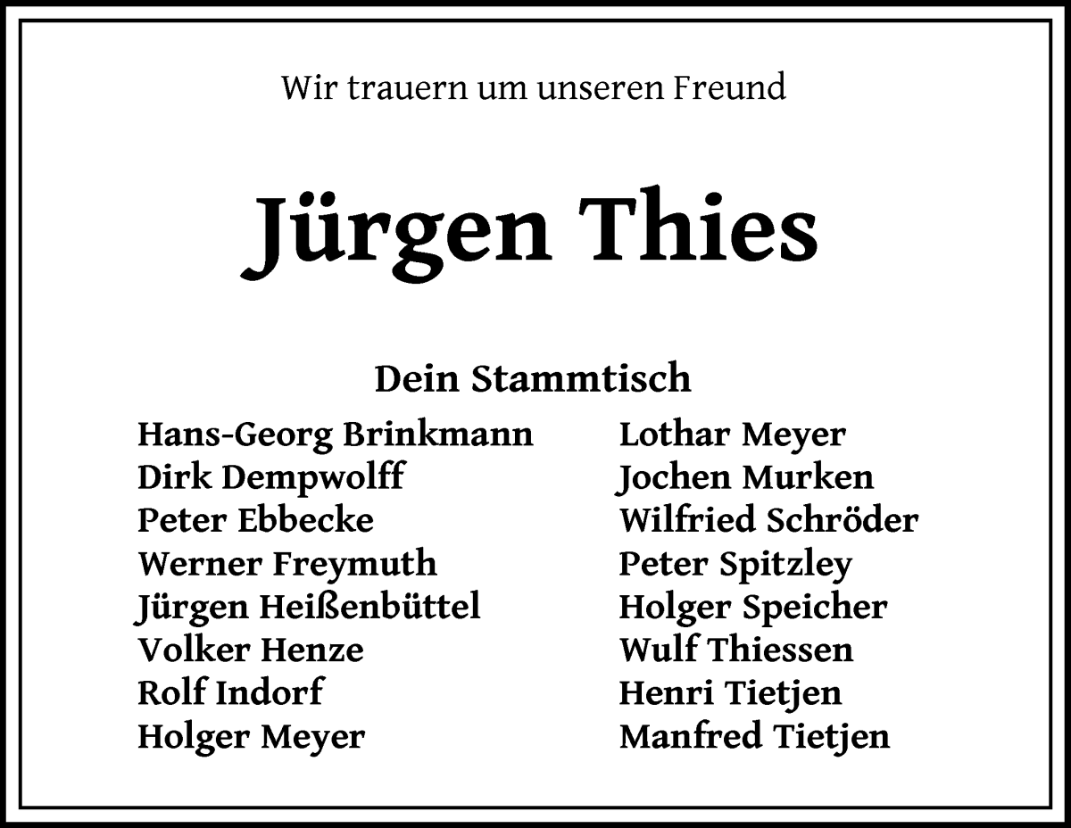  Traueranzeige für Jürgen Thies vom 16.03.2024 aus WESER-KURIER