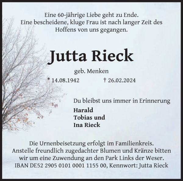 Traueranzeige von Jutta Rieck von WESER-KURIER