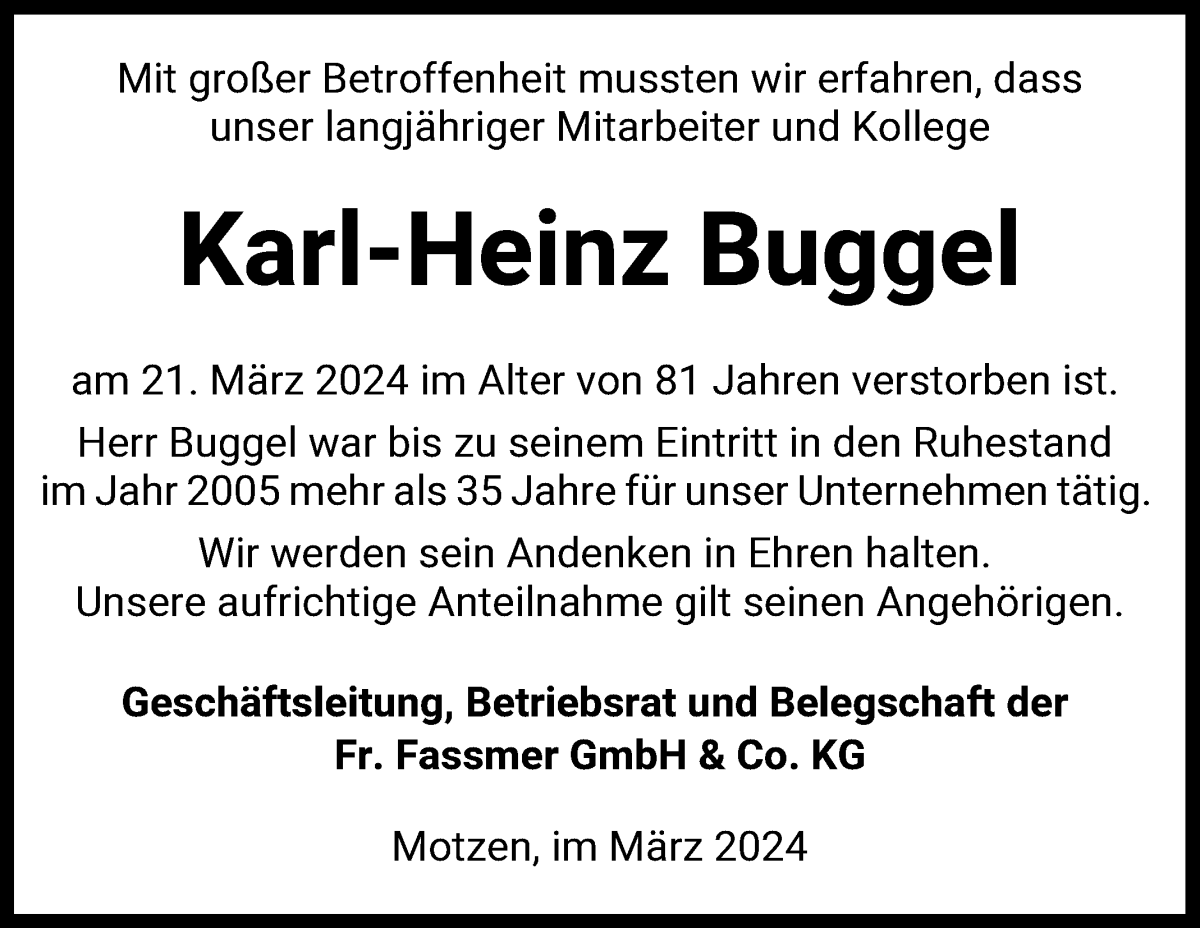 Traueranzeige von Karl-Heinz Buggel von Die Norddeutsche