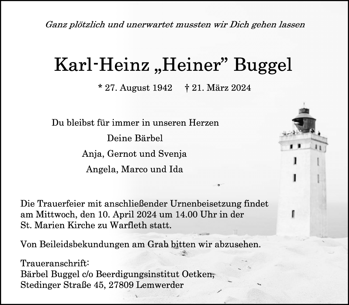 Traueranzeige von Karl-Heinz Buggel von Die Norddeutsche