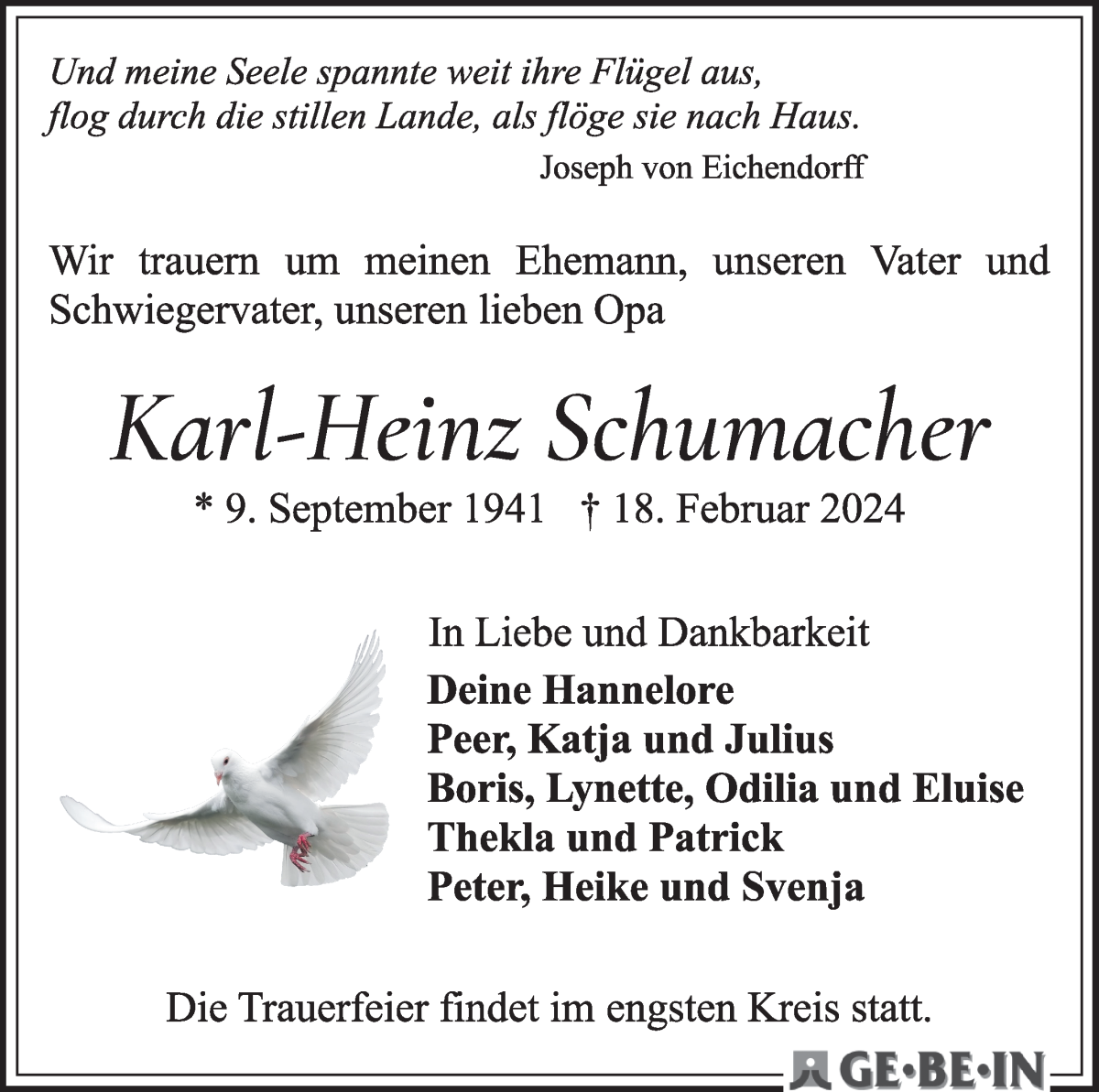 Traueranzeige von Karl-Heinz Schumacher von WESER-KURIER