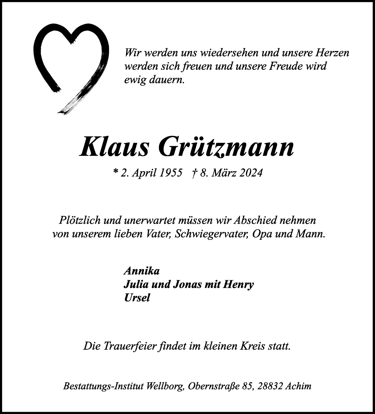  Traueranzeige für Klaus Grützmann vom 16.03.2024 aus WESER-KURIER