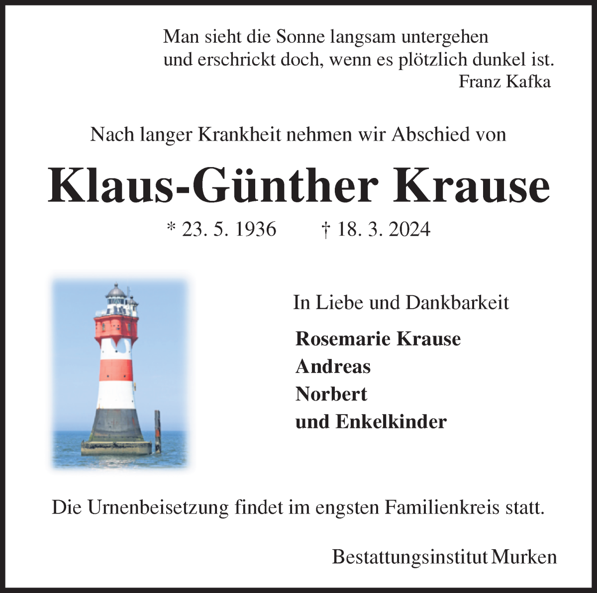 Traueranzeige von Klaus-Günther Krause von WESER-KURIER