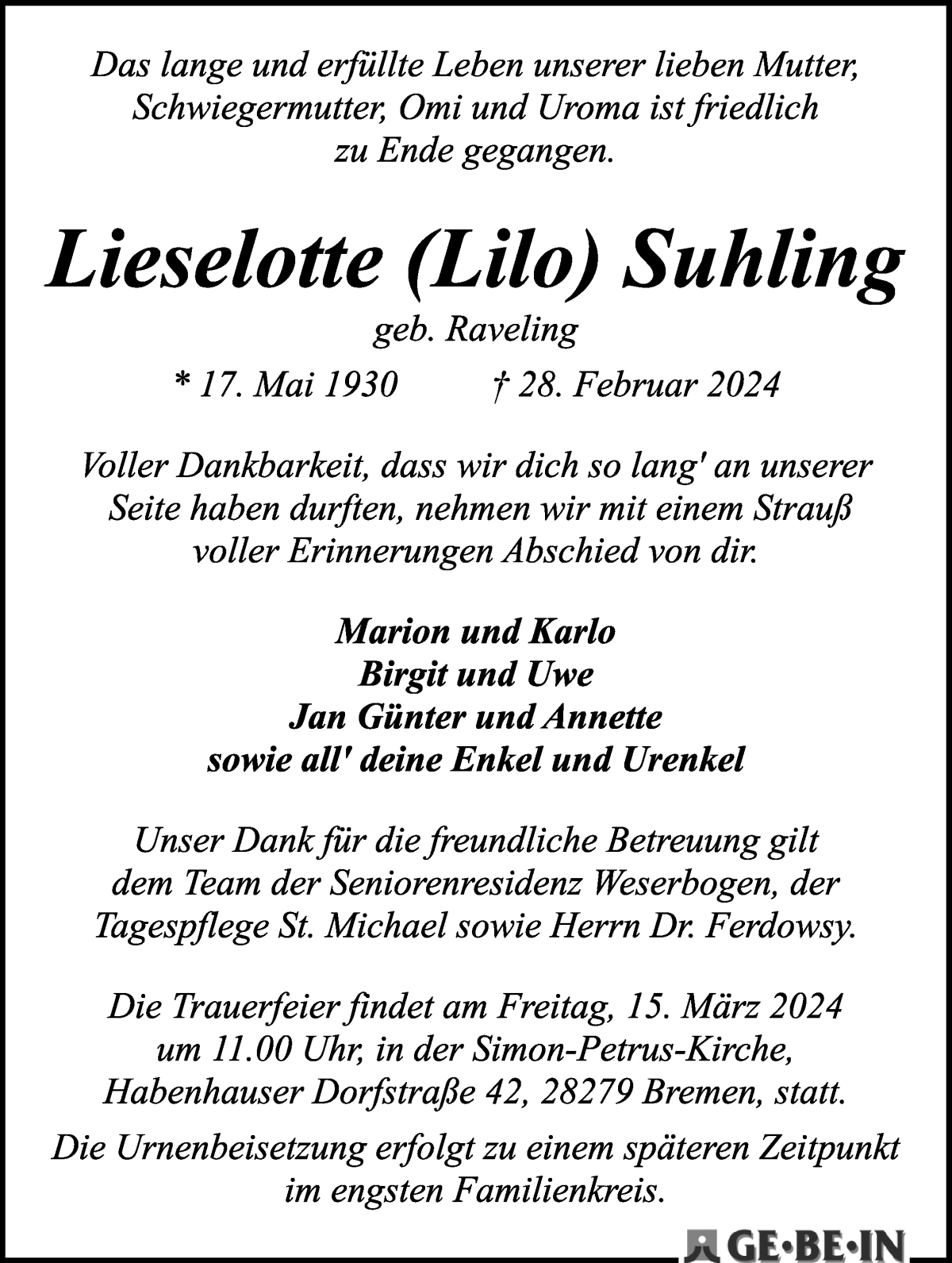 Traueranzeige von Lieselotte Lilo Suhling von WESER-KURIER