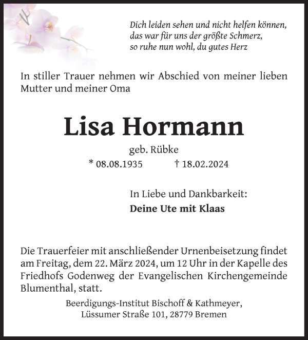 Traueranzeige von Lisa Hormann von Die Norddeutsche