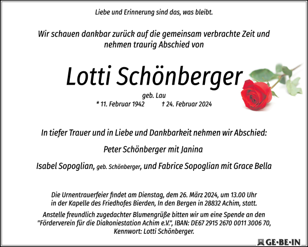 Traueranzeige von Lotti Schönberger von WESER-KURIER