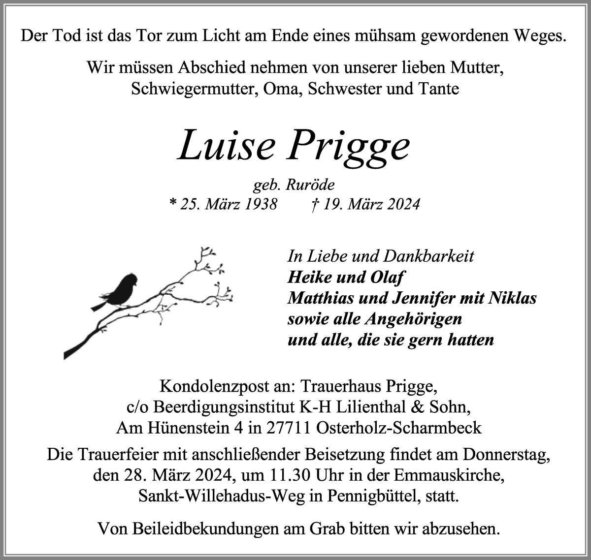 Traueranzeige von Luise Prigge von Osterholzer Kreisblatt