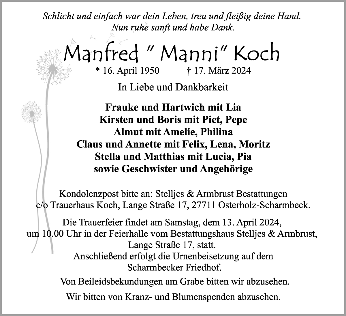  Traueranzeige für Manfred Koch vom 30.03.2024 aus Osterholzer Kreisblatt