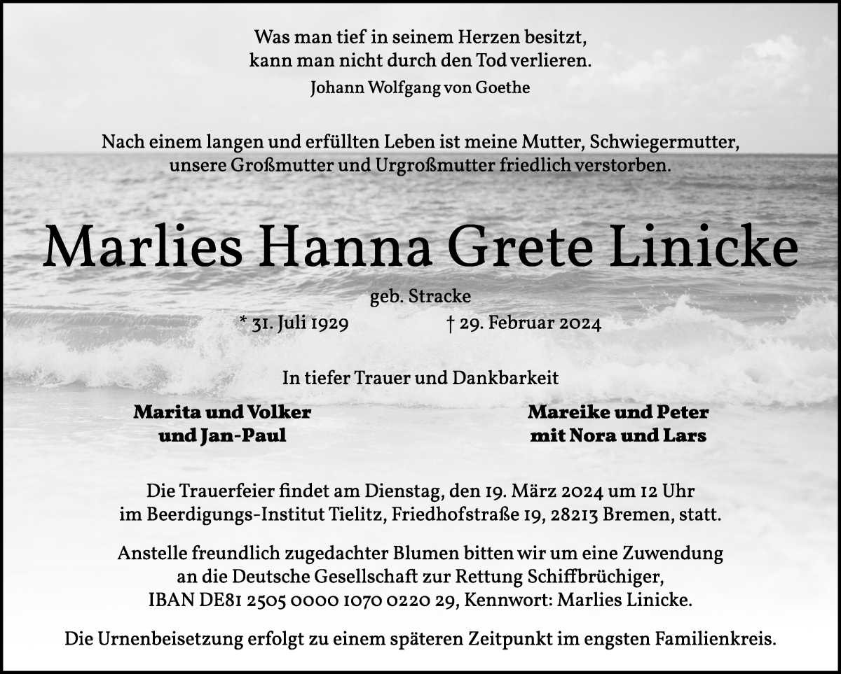 Traueranzeige von Marlies Hanna Grete Linicke von WESER-KURIER