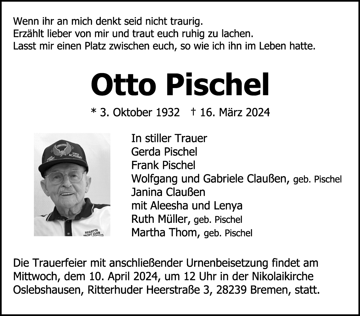  Traueranzeige für Otto Pischel vom 30.03.2024 aus WESER-KURIER