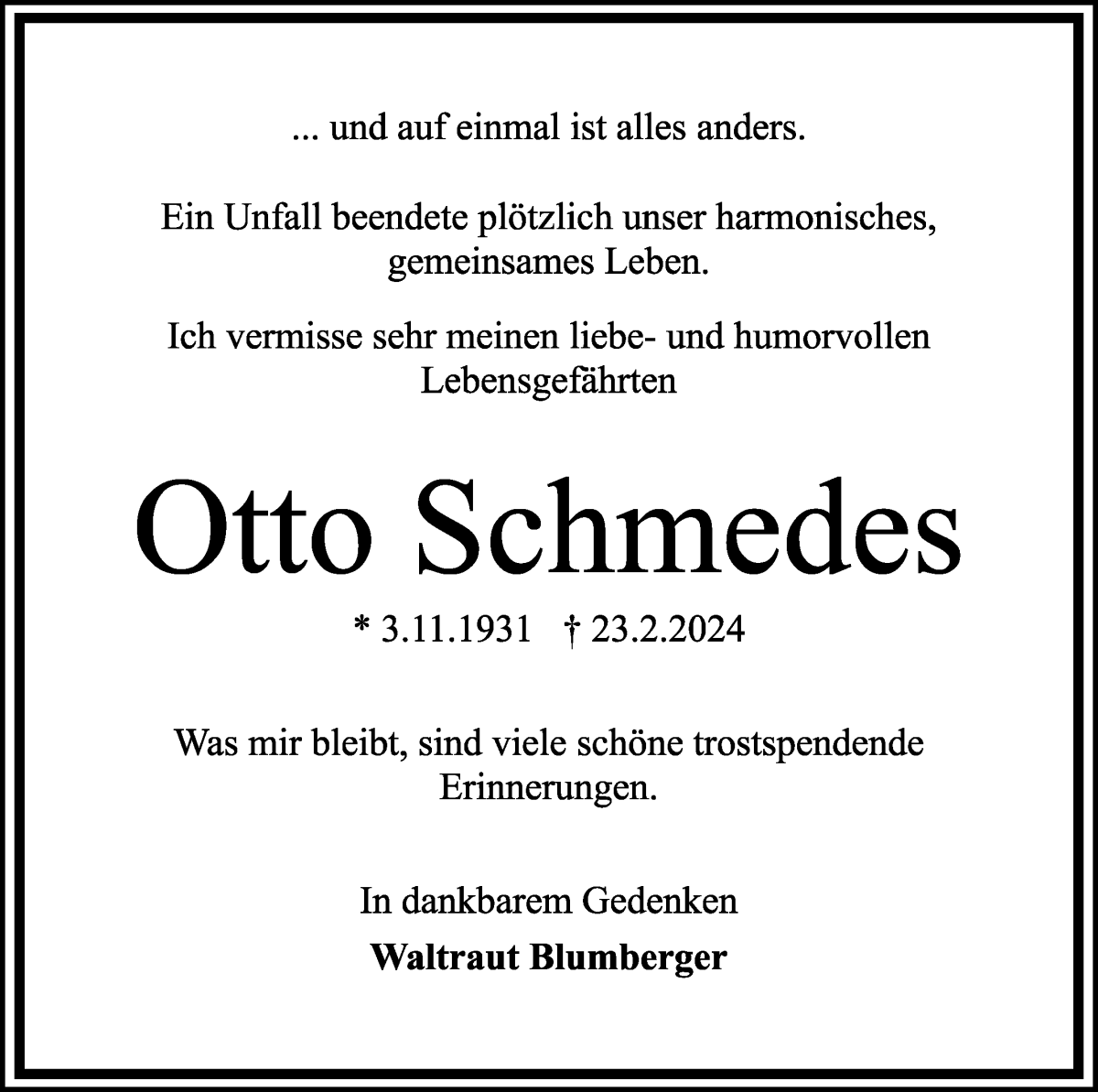 Traueranzeige von Otto Schmedes von WESER-KURIER