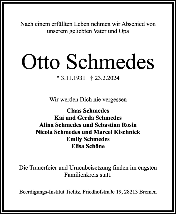 Traueranzeige von Otto Schmedes