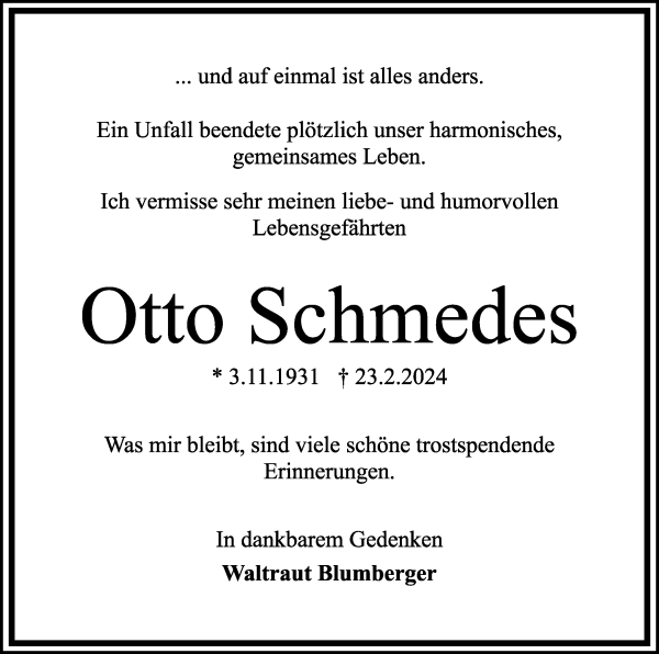 Traueranzeige von Otto Schmedes