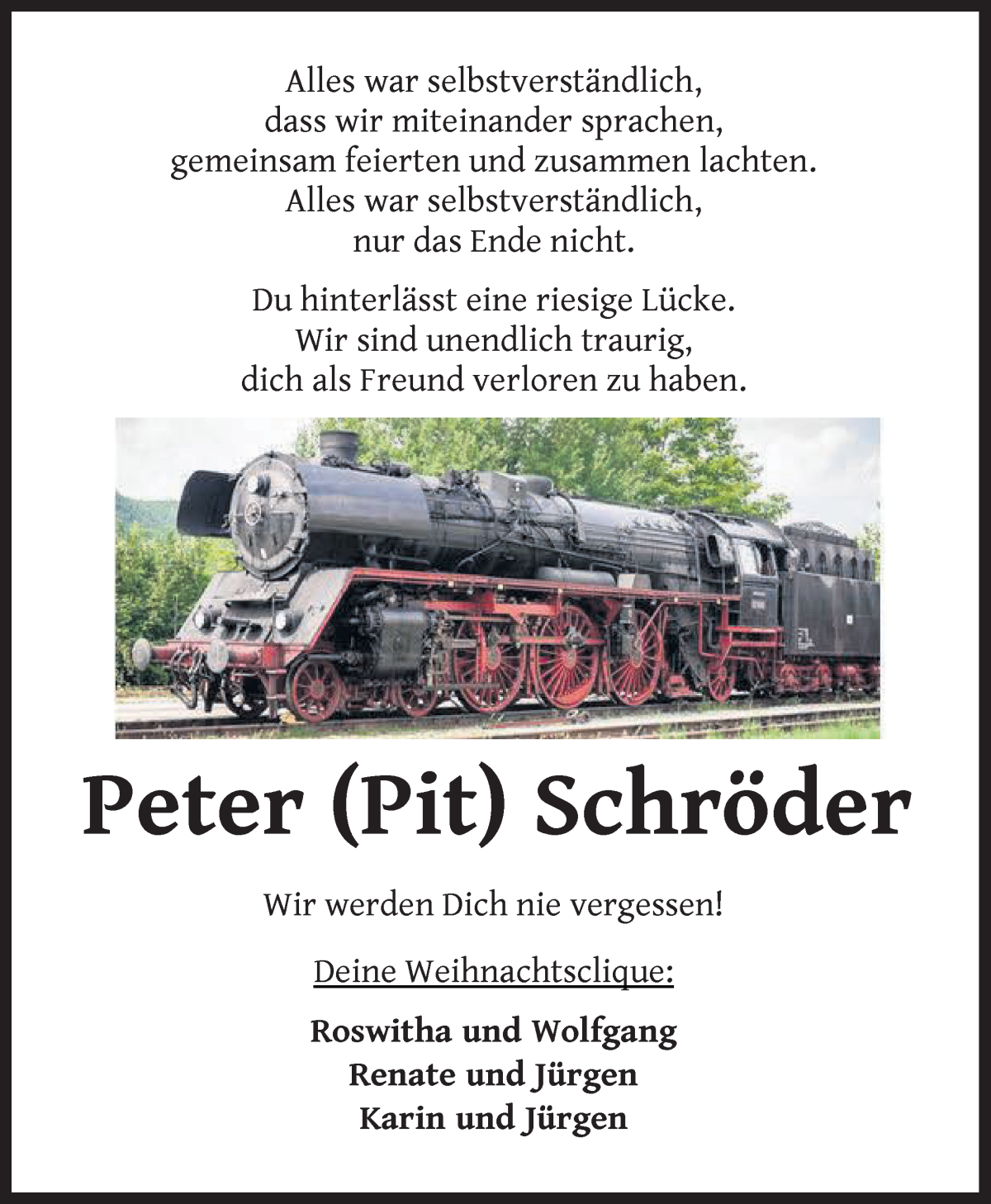 Traueranzeige von Peter (Pit) Schröder von Die Norddeutsche