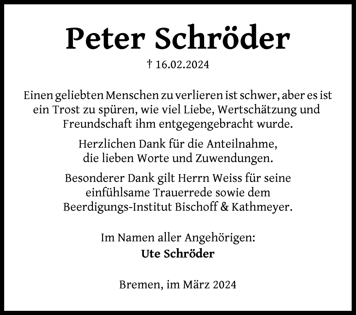 Traueranzeige von Peter Schröder von Die Norddeutsche
