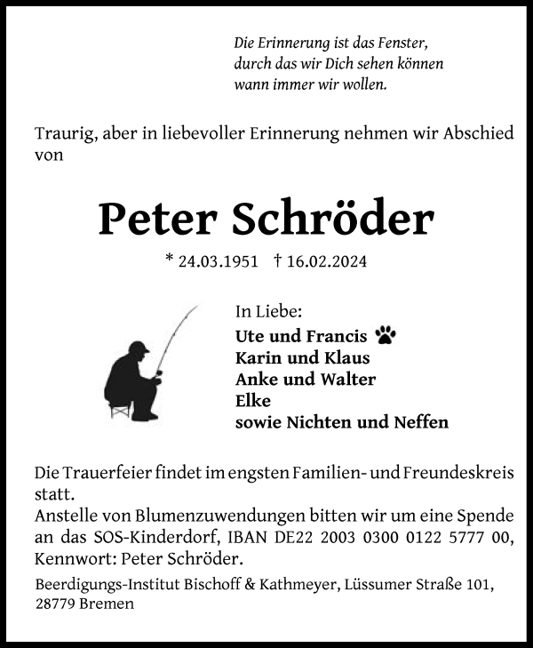 Traueranzeige von Peter Schröder von Die Norddeutsche