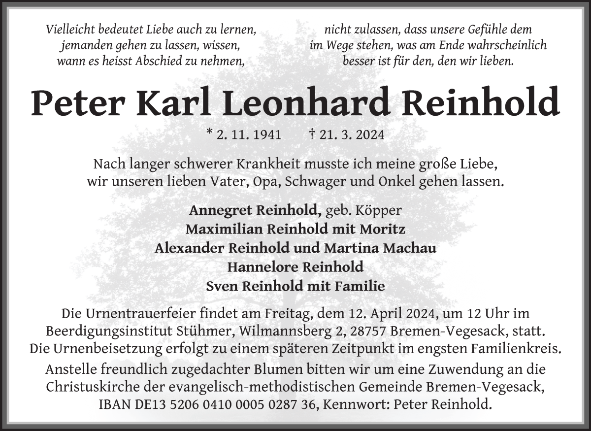 Traueranzeige von Peter Karl Leonhard Reinhold von WESER-KURIER