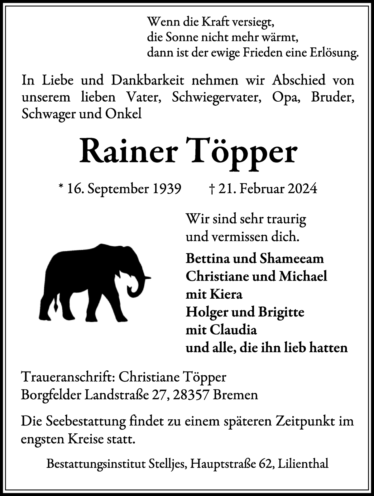 Traueranzeige von Rainer Töpper von WESER-KURIER