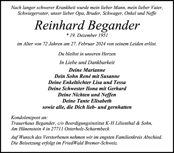 Traueranzeige von Reinhard Begander von Osterholzer Kreisblatt