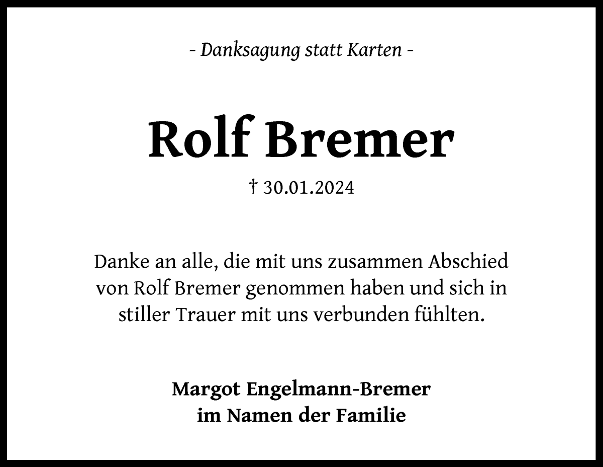 Traueranzeige von Rolf Bremer von Die Norddeutsche