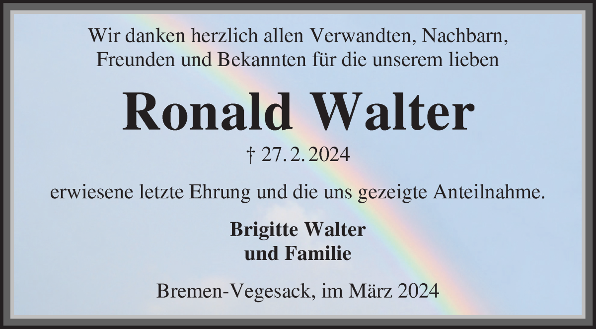 Traueranzeige von Ronald Walter von Die Norddeutsche