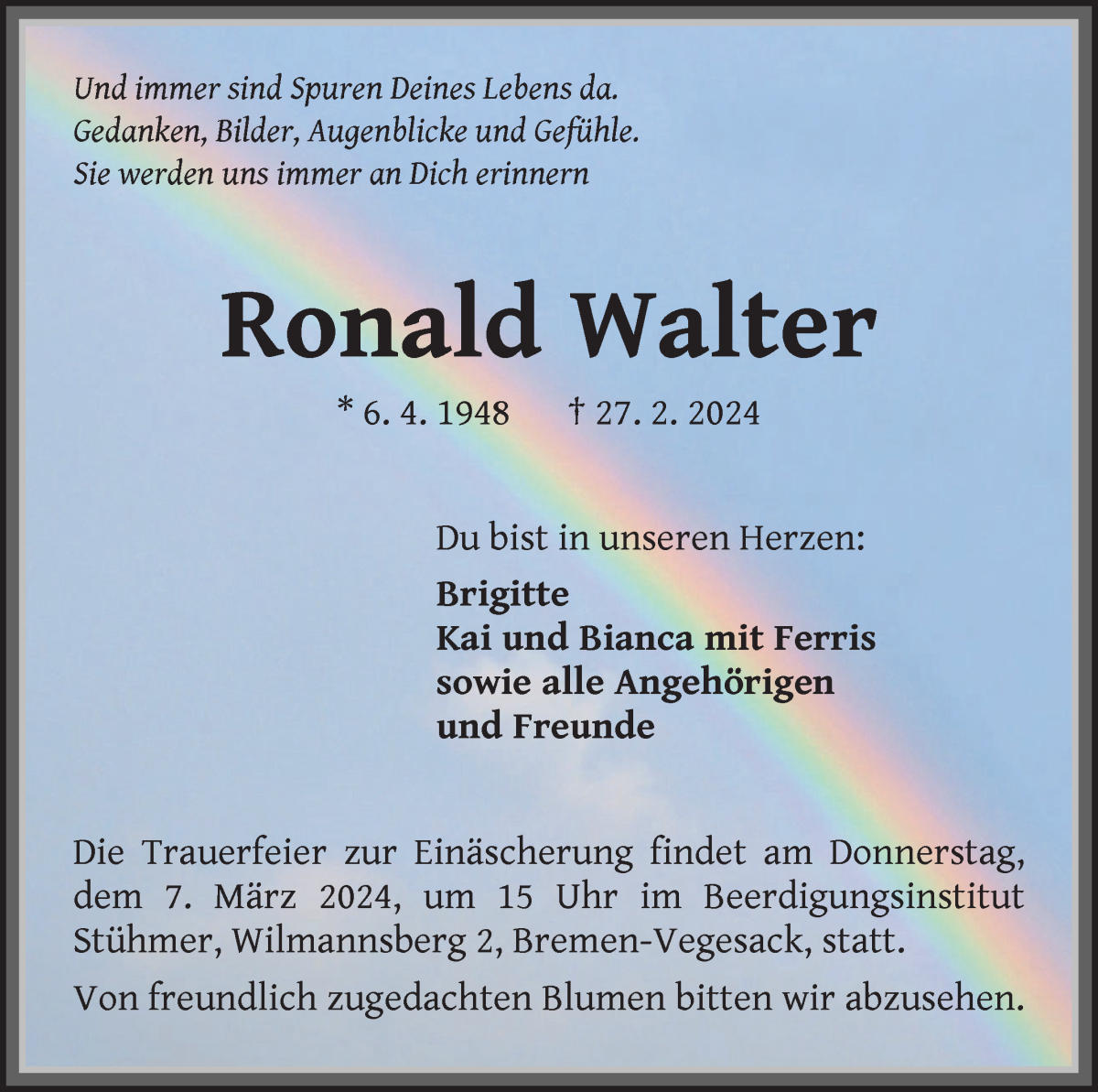 Traueranzeige von Ronald Walter von Die Norddeutsche