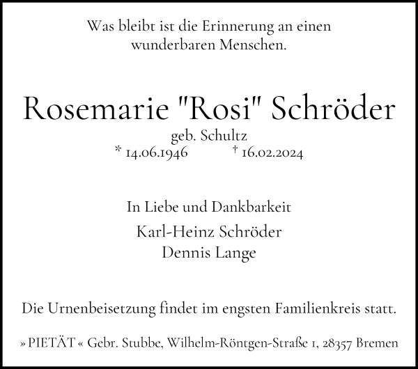 Traueranzeige von Rosemarie Schröder von WESER-KURIER