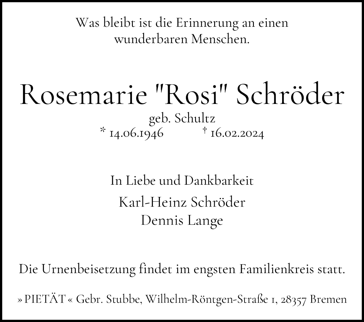 Traueranzeige von Rosemarie Schröder von WESER-KURIER