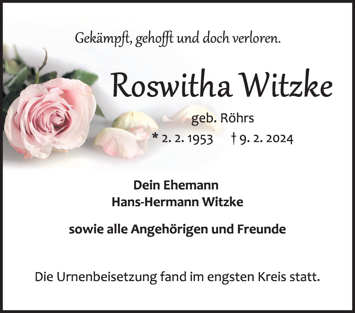 Traueranzeige von Roswitha Witzke von Die Norddeutsche