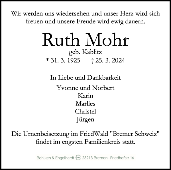 Traueranzeige von Ruth Mohr