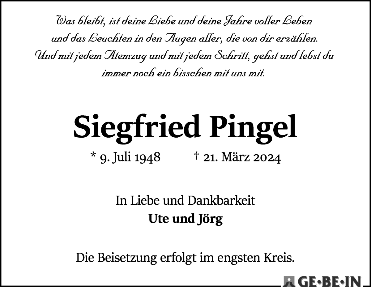 Traueranzeige von Siegfried Pingel von WESER-KURIER