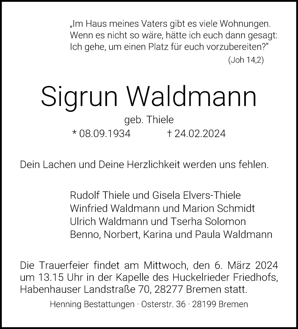 Traueranzeige von Sigrun Waldmann von WESER-KURIER