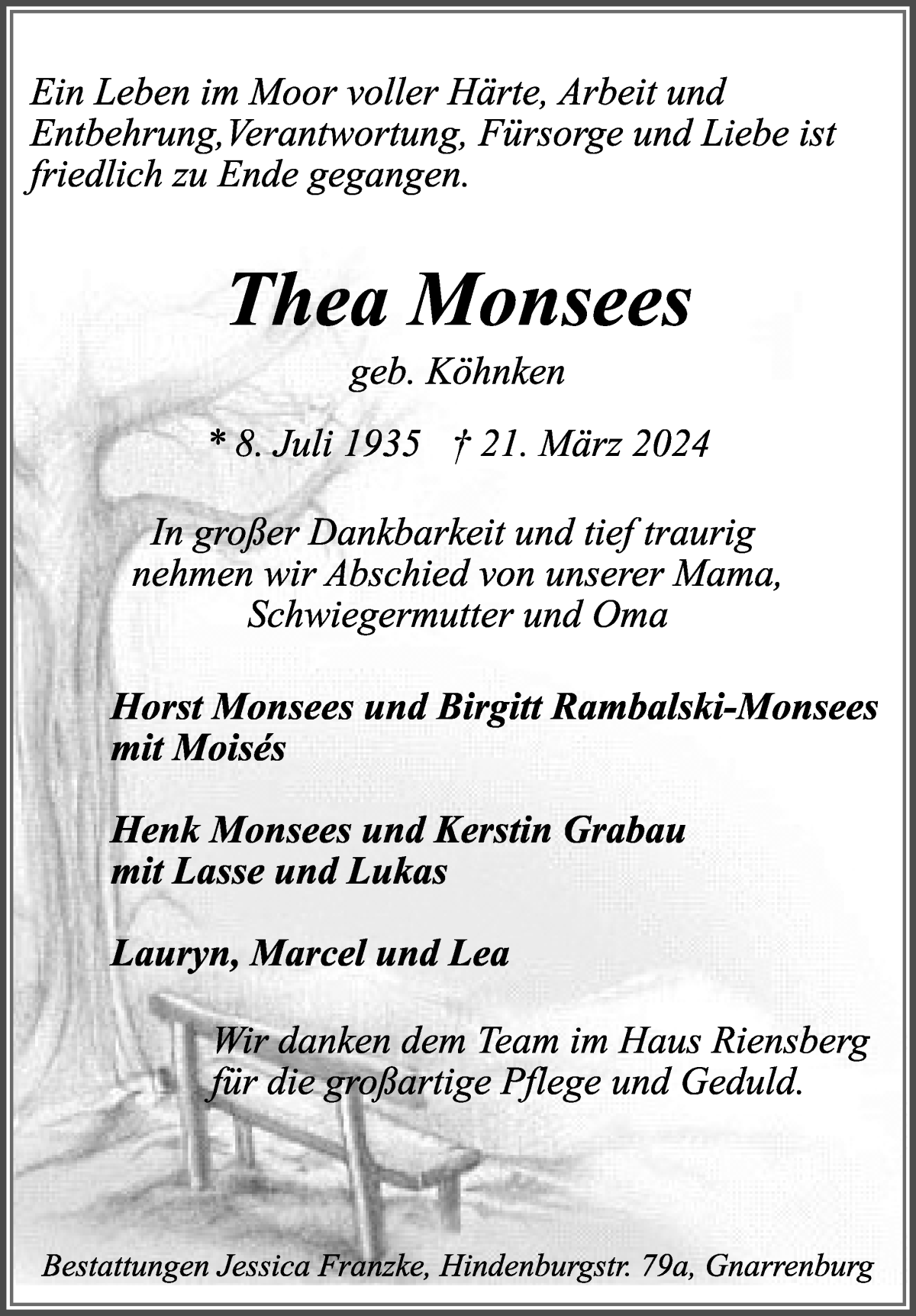 Traueranzeige von Thea Monsees von WESER-KURIER