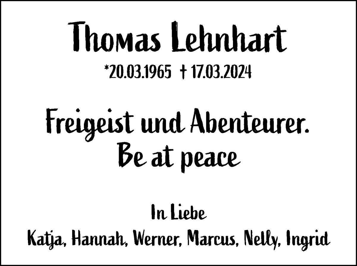 Traueranzeige von Thomas Lehnhart von WESER-KURIER