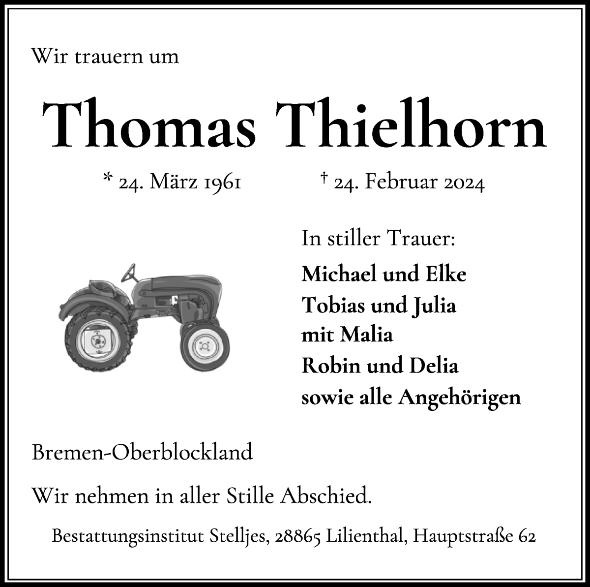 Traueranzeige von Thomas Thielhorn von Wuemme Zeitung