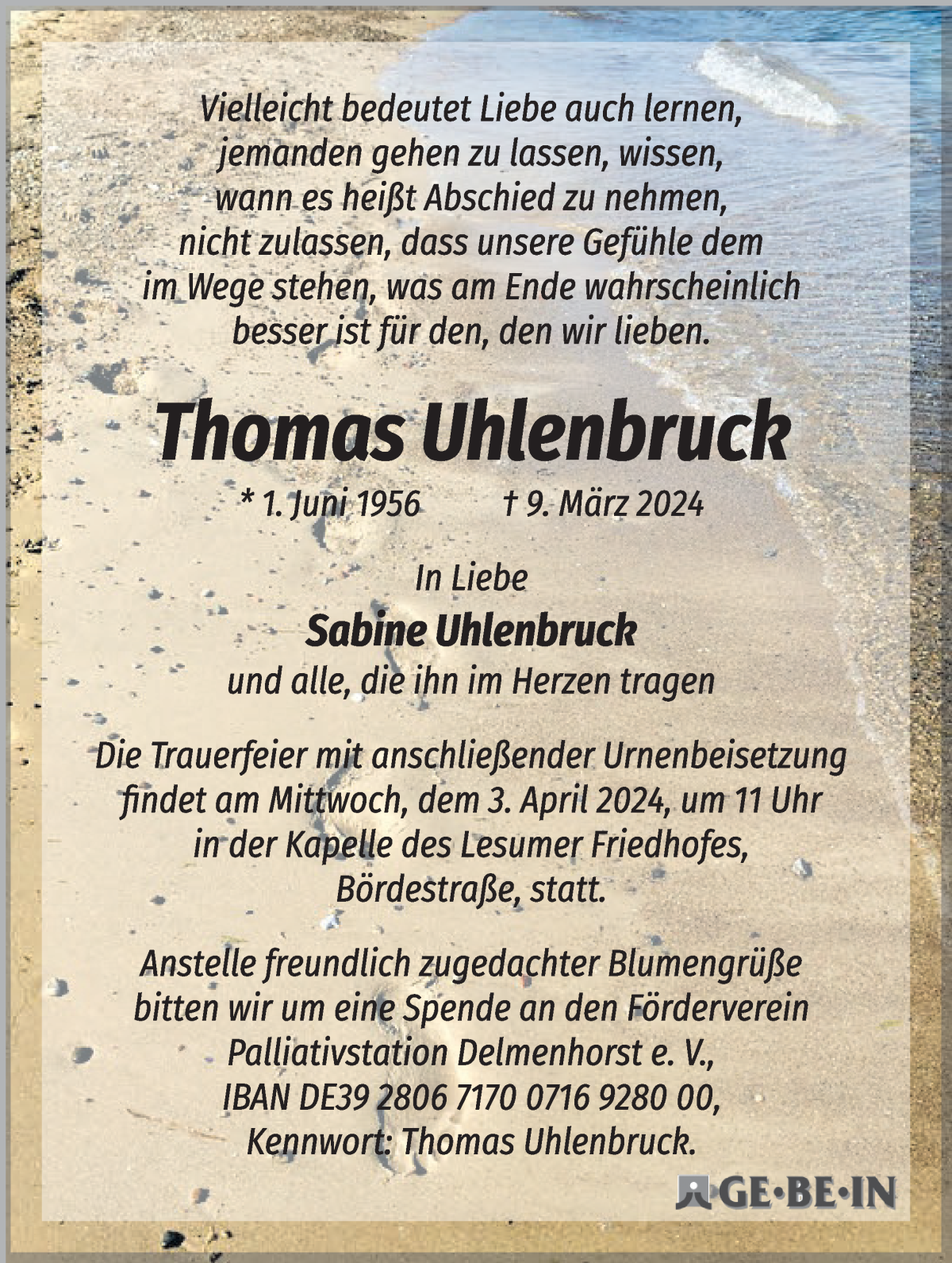 Traueranzeige von Thomas Uhlenbruck von Die Norddeutsche