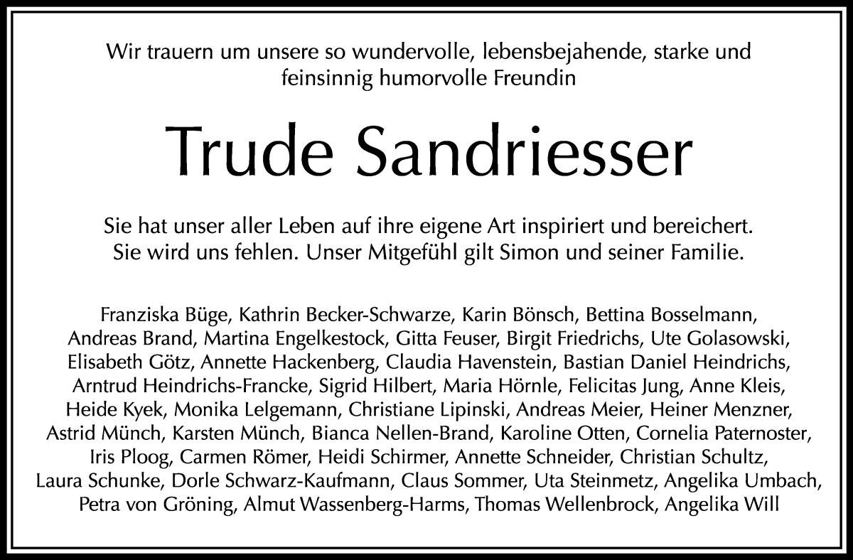 Traueranzeige von Trude Sandriesser von WESER-KURIER