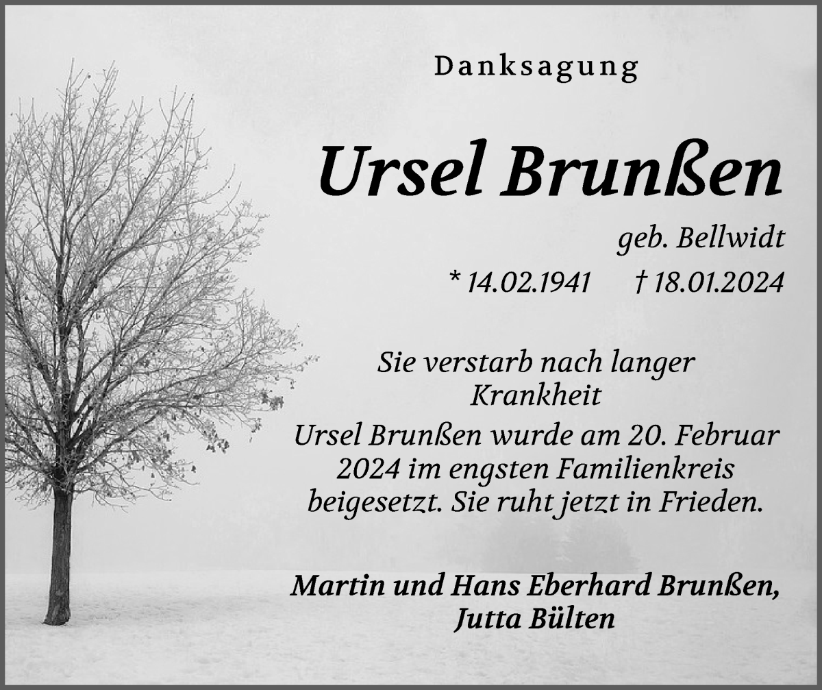 Traueranzeige von Ursel Brunßen von WESER-KURIER